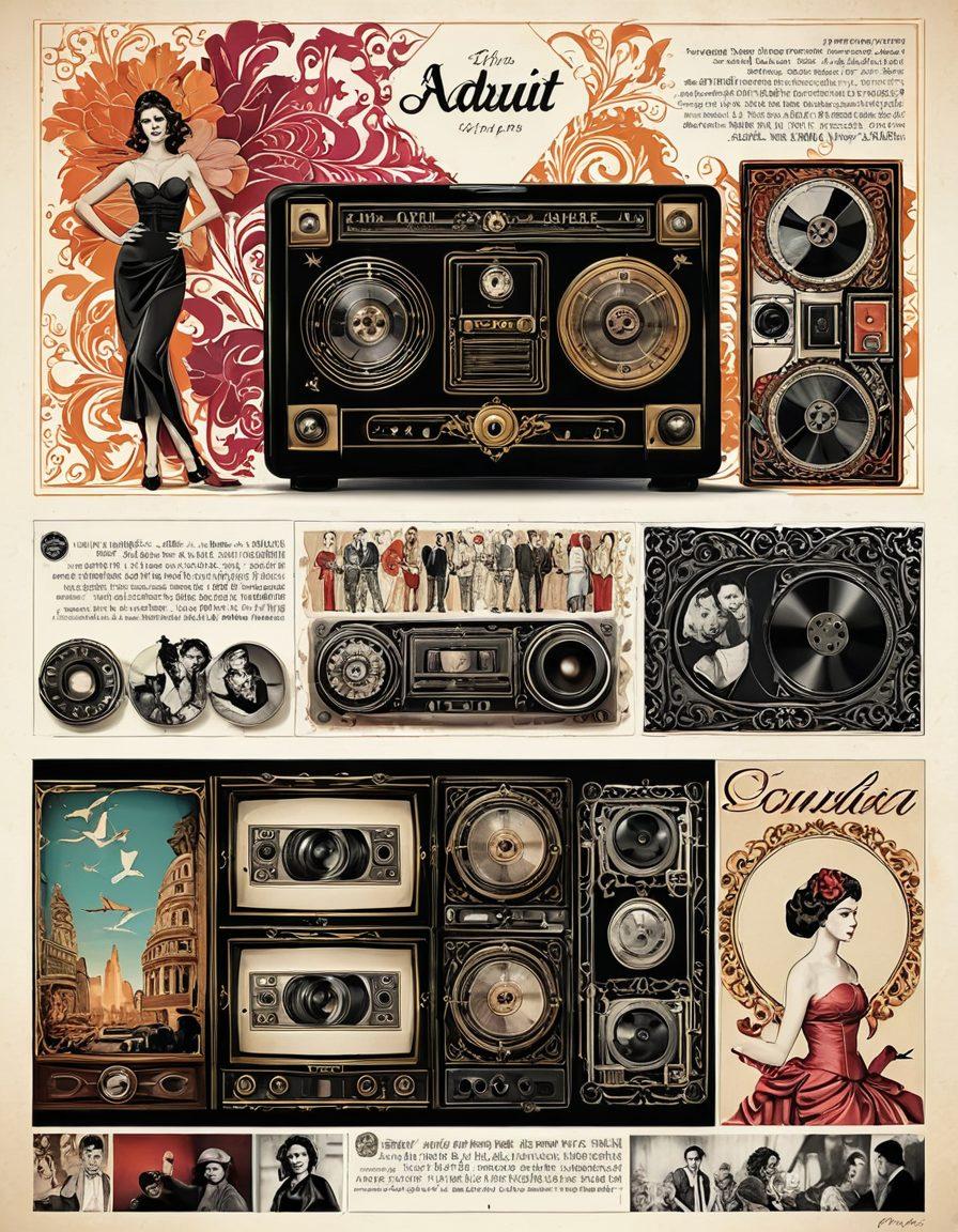 A timeline illustration depicting the evolution of adult media, starting with sensual vintage art on one side transitioning to bold explicit imagery on the other. Include culturally significant symbols from different eras, like film reels, magazines, and digital screens, merging artistic styles ranging from classic to modern. Use vibrant colors and dynamic designs to convey the cultural transformation visually. super-realistic. vibrant colors. mixed media.