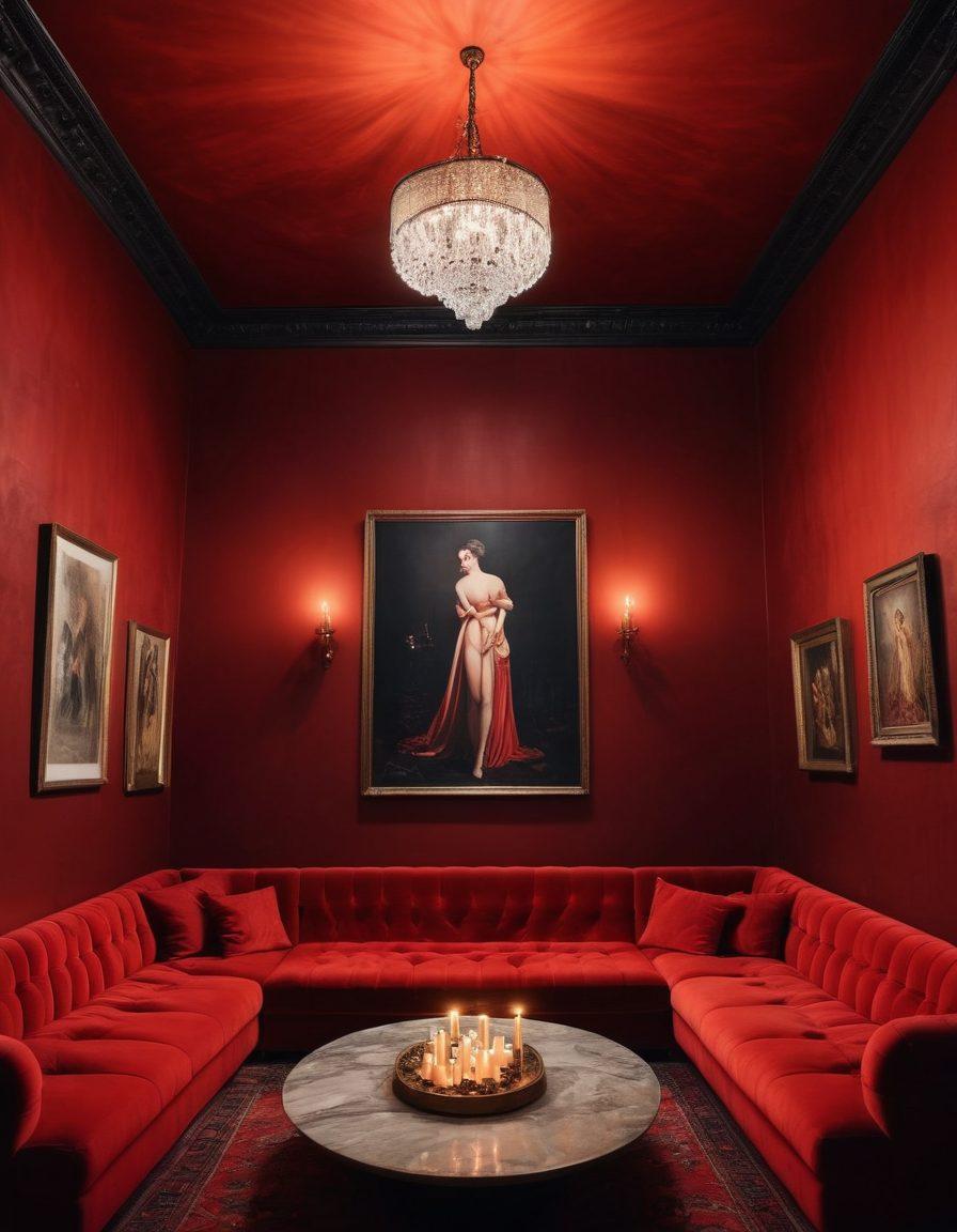 A mysterious, dimly lit underground lounge with plush red velvet sofas, adorned with erotic art on the walls. A figure sits thoughtfully, surrounded by flickering candles, as projections of sensual video clips dance in the background. The atmosphere is intimate and provocative, inviting exploration and curiosity. A hint of secrecy pervades the scene, inviting the viewer to discover hidden desires and stories. moody lighting. super-realistic. vibrant colors.